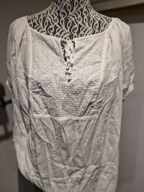 White Eyelet Peasant Top with Tie Neck